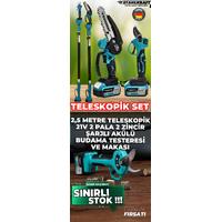 STAHLKRAFT STH 9980 M + STH 1010 3 Lü Set 2,5m Teleskopik tutucu & Makas & Akülü Dal Budama Testeresi 2 pala 2 zincir Şarjlı